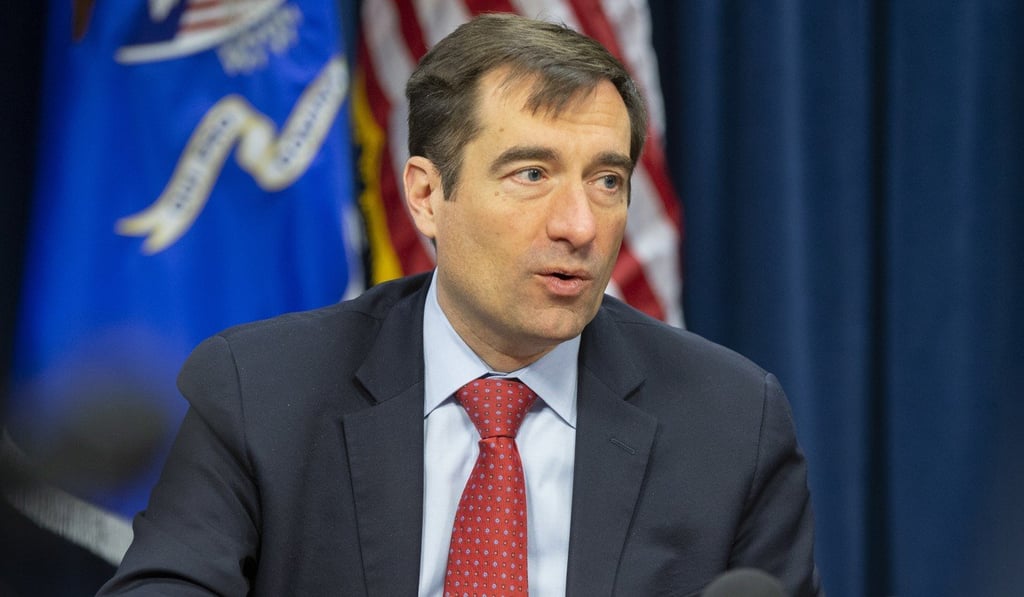 Assistant US Attorney General John Demers speaks in Boston on April 5 during a discussion about the Department of Justice’s efforts to combat Chinese economic espionage. Photo: EPA-EFE