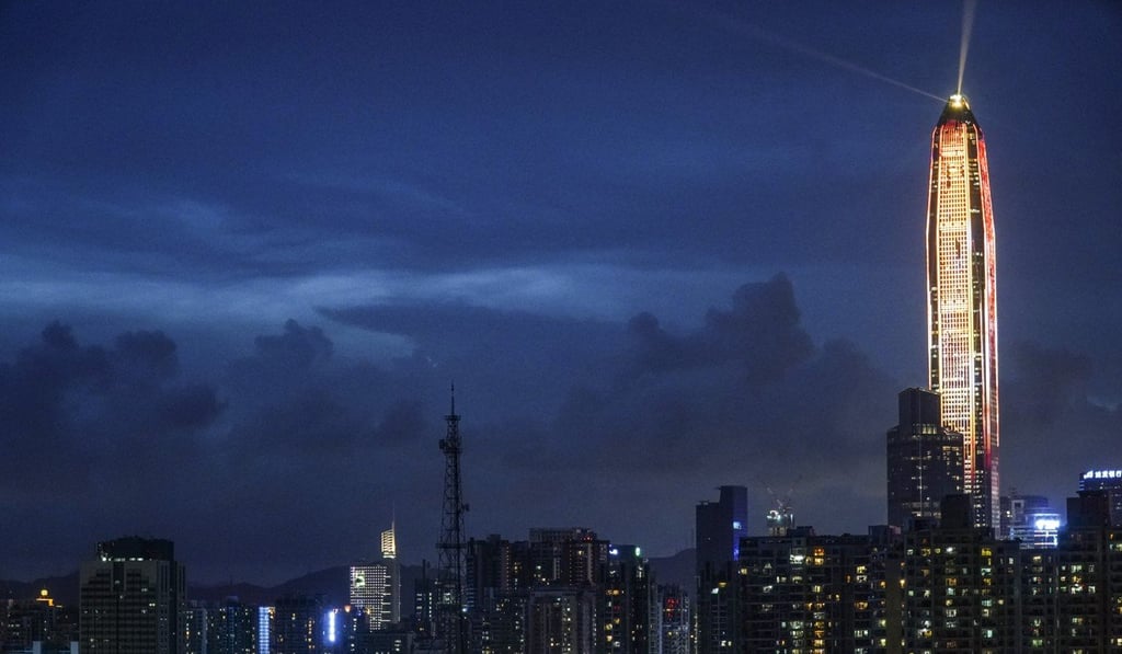 The Ping An International Finance Centre Phase 1 lights up in the Futian district of Shenzhen, one of 11 cities included in the Greater Bay Area project. Photo: Roy Issa