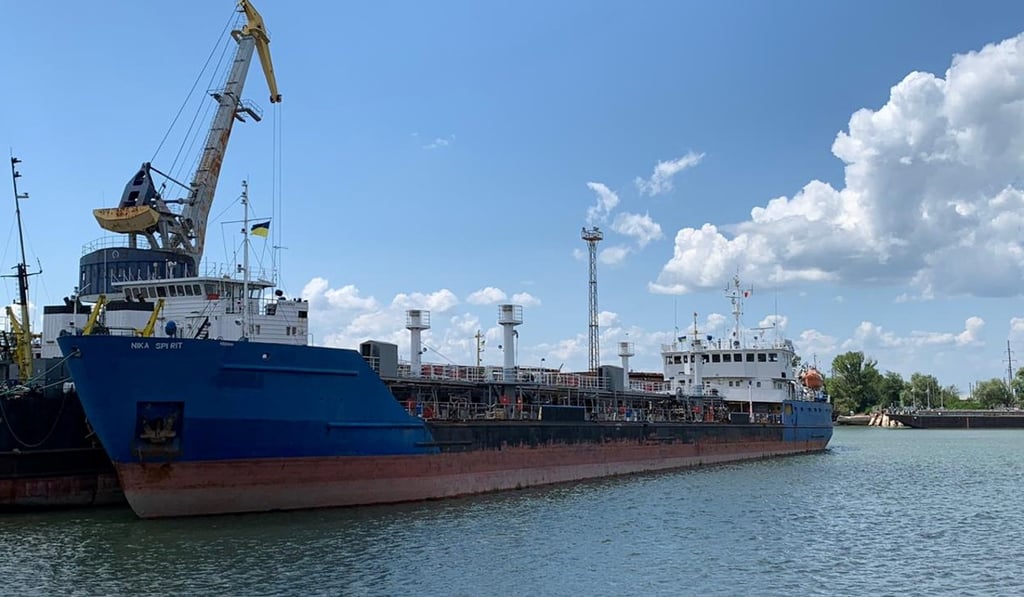 The Russian tanker, now called Nika Spirit and formerly named Neyma, which was detained by the Ukrainian security service in the port of Izmail. Photo: Handout via Reuters
