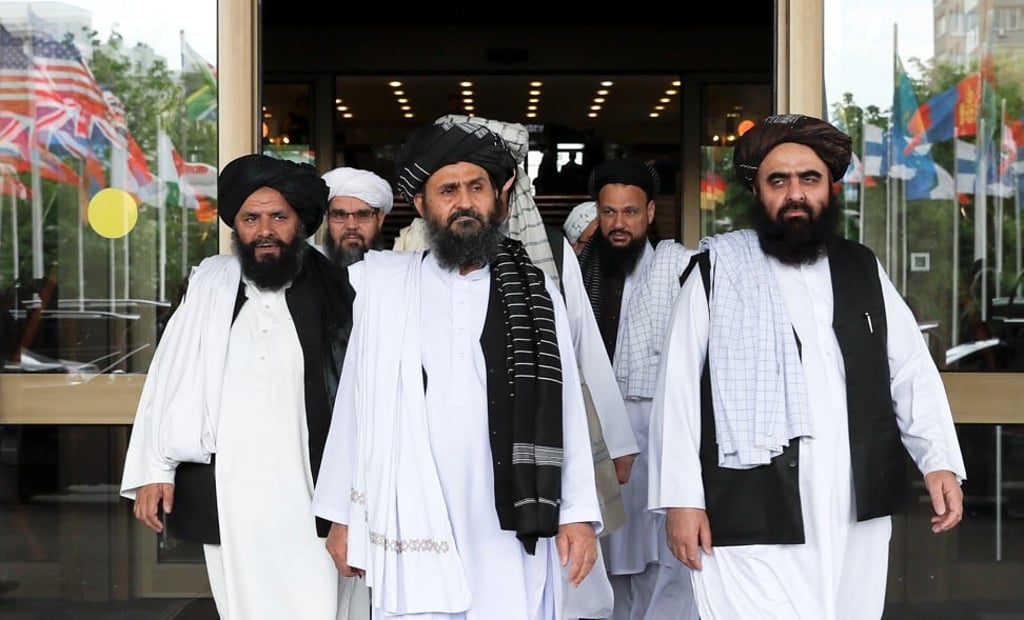 Members of a Taliban delegation leaving after peace talks with Afghan senior politicians in Russia on May 30. Photo: Reuters