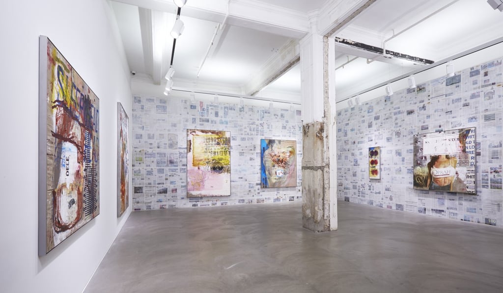 Mixed-media paintings by Mandy El-Sayegh at Lehmann Maupin's Hong Kong gallery. Photo: Xiaomei Chen Mixed-media paintings by Mandy El-Sayegh at Lehmann Maupin's Hong Kong gallery. Photo: Xiaomei Chen