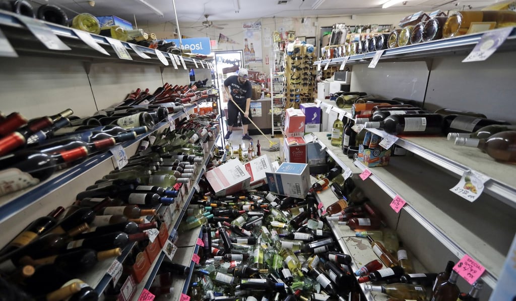 Bottles of wine are strewn in a store in quake-hit Ridgecrest, California. Photo: AP