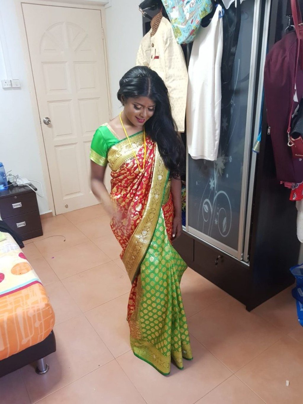 Mangalarubini opted for a cruelty-free sari instead of the usual silk drape.