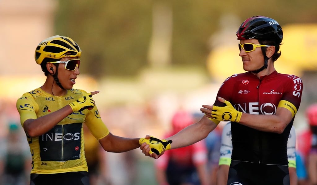 Bernal, left, with his teammate and the defending champion Geraint Thomas of Britain who finished second. Photo: Reuters