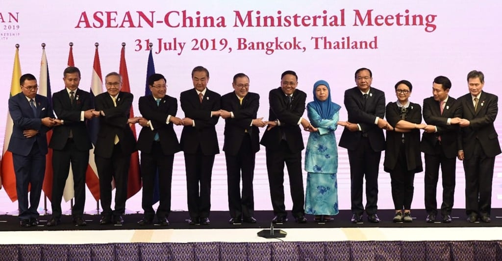 China's Foreign Minister Wang Yi (fifth left) poses with foreign ministers from the Association of Southeast Asian Nations (Asean) countries during the ASEAN-China Ministerial Meeting in Bangkok. Photo: AFP