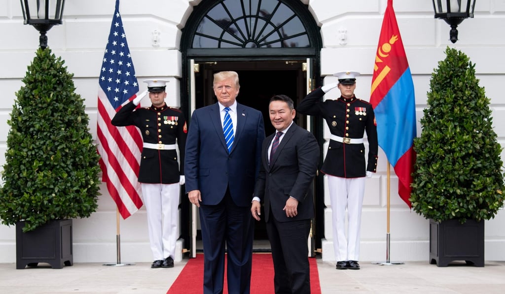 US President Donald Trump welcomes Mongolian President Battulga Khaltmaa to the White House. Photo: AFP US President Donald Trump welcomes Mongolian President Battulga Khaltmaa to the White House. Photo: AFP