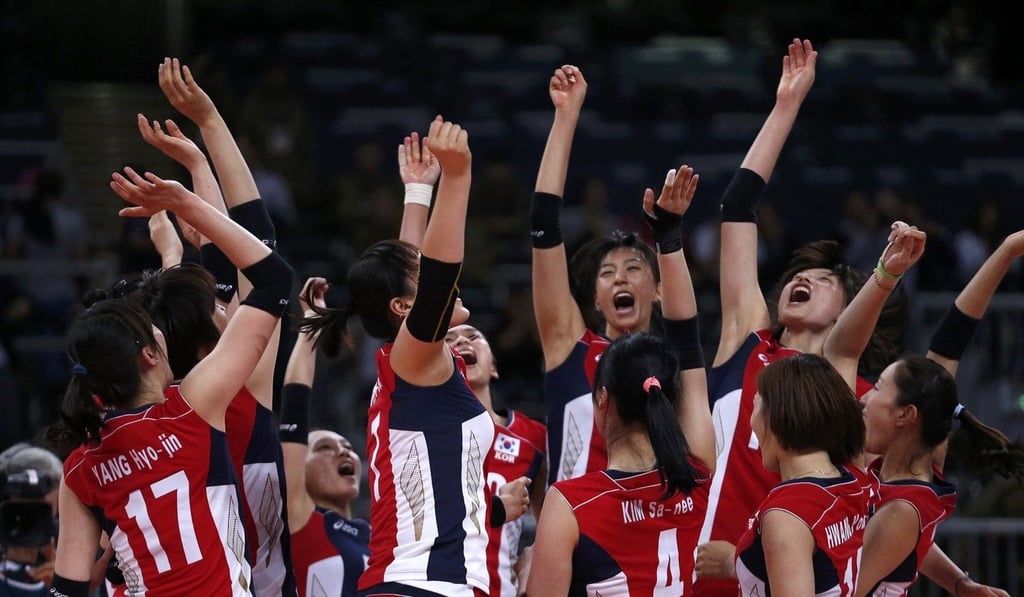 South Korea's women’s volleyball team celebrate their quarter-final victory at the 2012 Olympic Games in London. Photo: Reuters