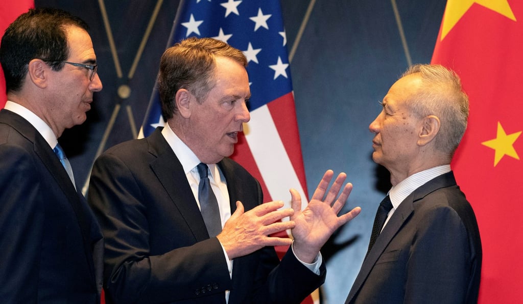 US Trade Representative Robert Lighthizer gestures as he talks to Chinese Vice-Premier Liu He in Shanghai on Wednesday, while Treasury Secretary Steven Mnuchin looks on. Photo: Reuters