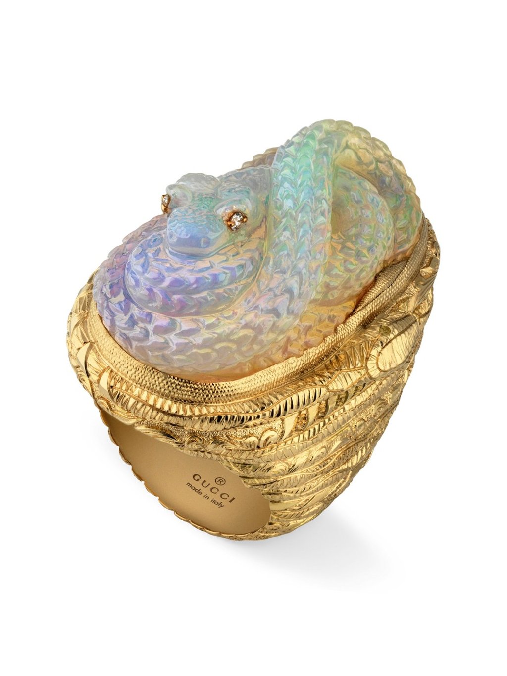 A yellow gold ring with an opal serpent, from Gucci’s first high jewellery collection, Hortus Deliciarum. A yellow gold ring with an opal serpent, from Gucci’s first high jewellery collection, Hortus Deliciarum.