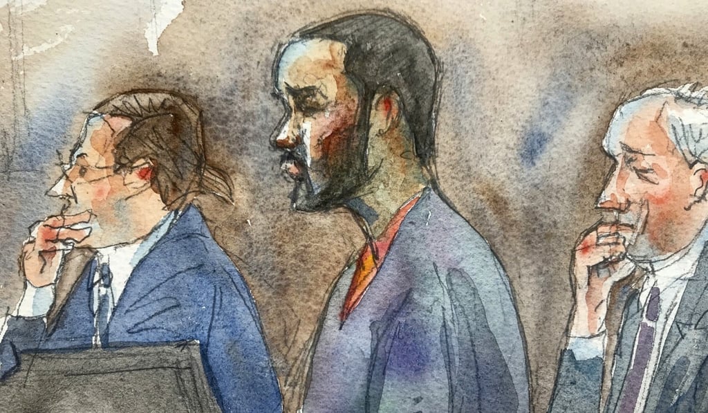 In this courtroom sketch, R&B singer R. Kelly (centre), listens in federal court with his lawyers Doug Anton (left) and Steve Greenberg during his arraignment on Friday. Image: Aggie Kenny via AP