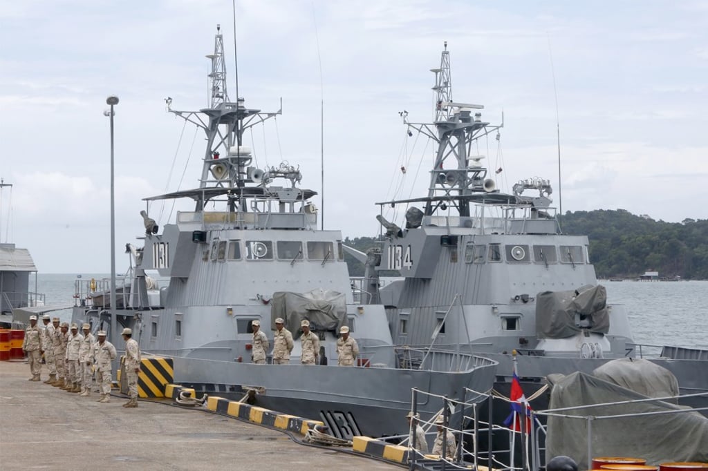 Cambodian soldiers stand at Ream Naval Base in Sihanouk province in July. The Cambodian Ministry of Defence allowed a tour for journalists to visit the base following allegations of Chinese military presence at the facility. Photo: EPA-EFE