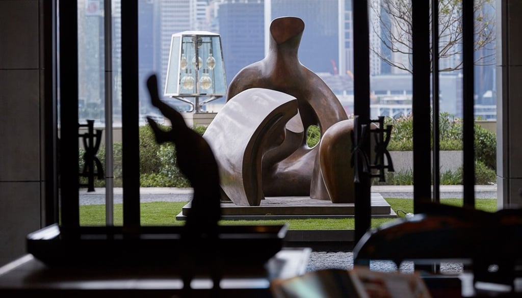 Henry Moore's sculpture as seen from the Rosewood Hong Kong lobby.