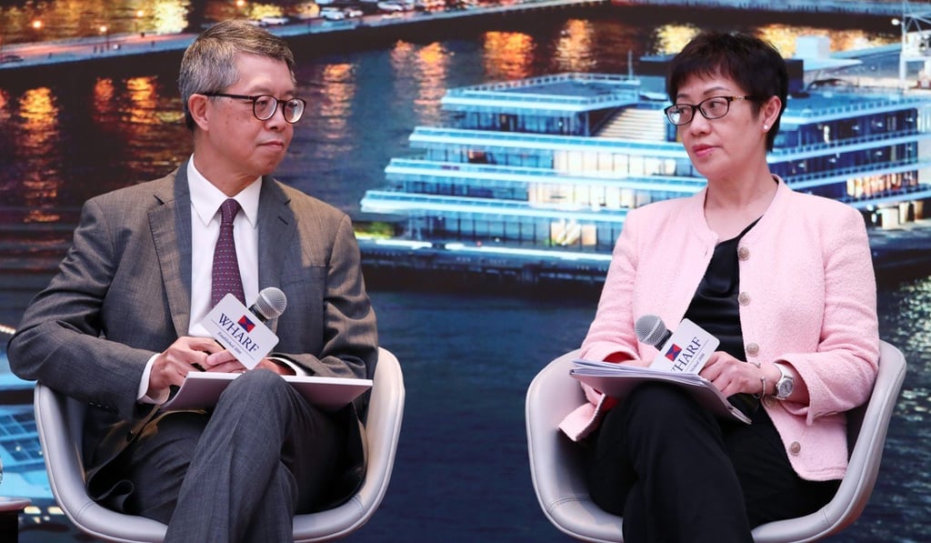 Stephen Ng, chairman and managing director of The Wharf Group, and Doreen Lee Yuk-fong, vice-chairman and executive director of Wharf Reic, at the announcement of the company’s interim results. Photo: Jonathan Wong