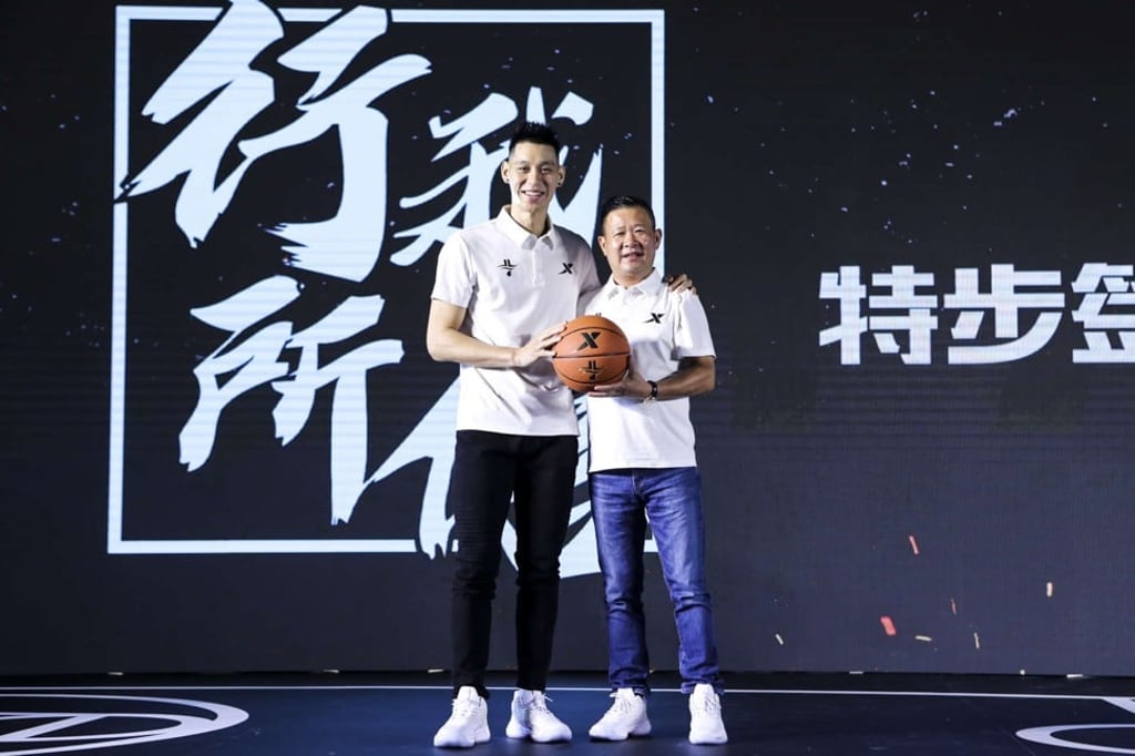 Basketball star Jeremy Lin (left) with Xtep’s founder and chairman Ding Shui Po (right) during a press briefing in Guangzhou to announce Lin’s endorsement of the brand’s range of basketball shoes and apparel on August 9, 2019. Photo: Handout Basketball star Jeremy Lin (left) with Xtep’s founder and chairman Ding Shui Po (right) during a press briefing in Guangzhou to announce Lin’s endorsement of the brand’s range of basketball shoes and apparel on August 9, 2019. Photo: Handout