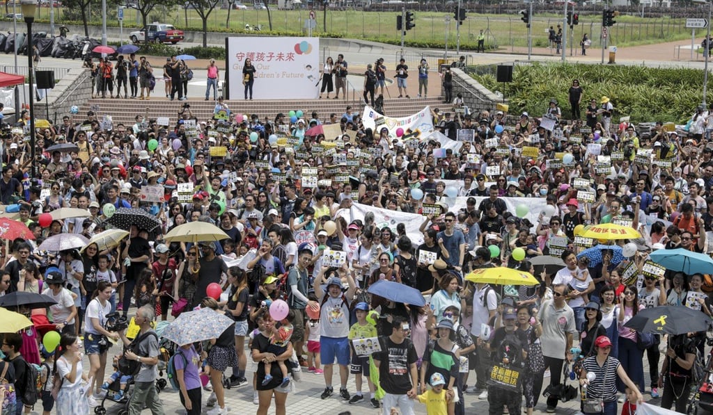 Parents and children attend a rally at Edinburgh Place in Central. Photo: May Tse