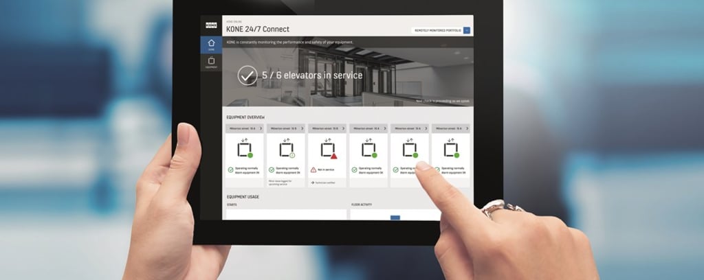 KONE 24/7 Connected Services makes it possible for multiple elevators to be monitored remotely with a hand-held device. Photo: KONE KONE 24/7 Connected Services makes it possible for multiple elevators to be monitored remotely with a hand-held device. Photo: KONE