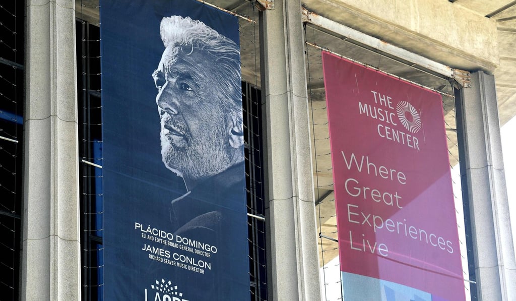 A banner showing Spanish tenor Placido Domingo hangs from the Dorothy Chandler Pavilion, home to the LA Opera, on Tuesday. Photo: AFP