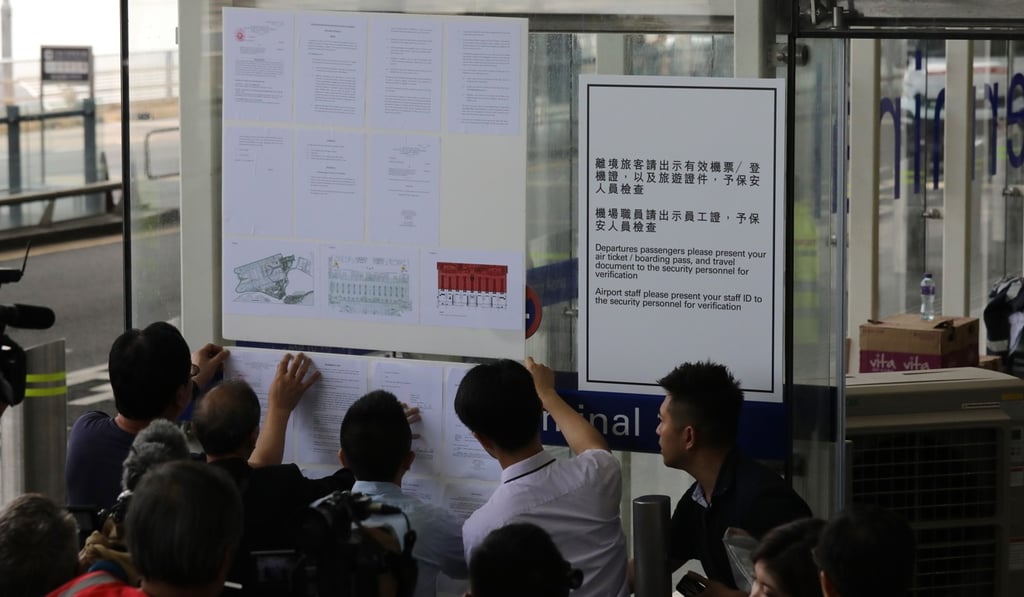 A notice shows the two spots where protesters are allowed at Hong Kong International Airport. Photo: Dickson Lee