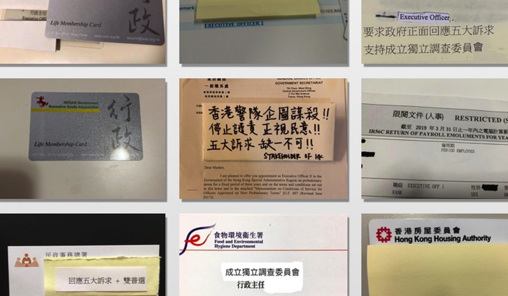 More than 350 government executive officers attached their staff cards to the petition, covering their names. Photo: Handout