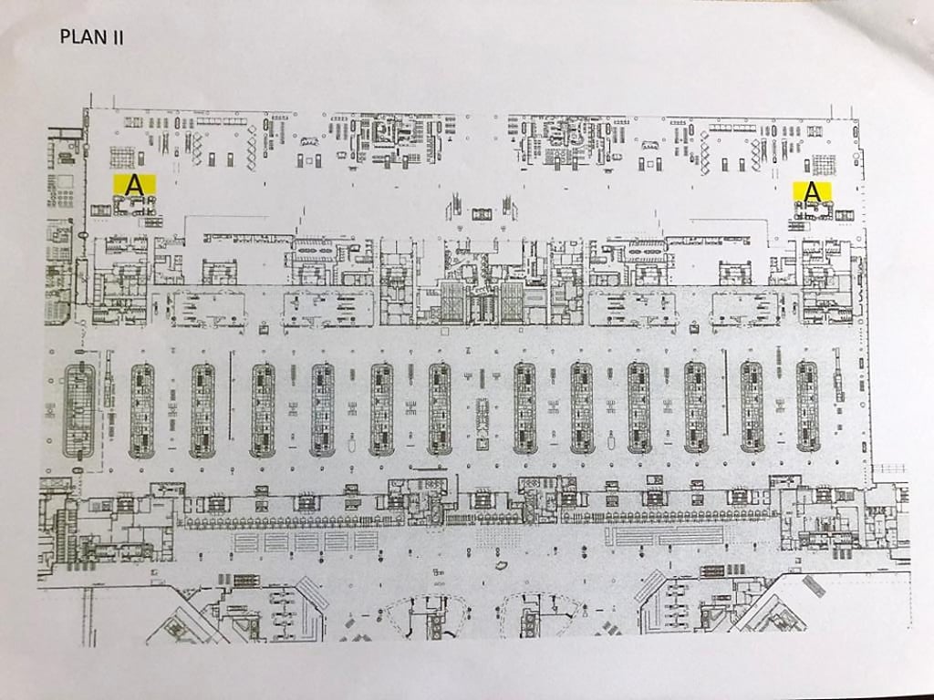 Two corners of the arrival hall where protests are allowed. They are now the only zones at the airport where demonstrations can take place legally. Photo: Handout