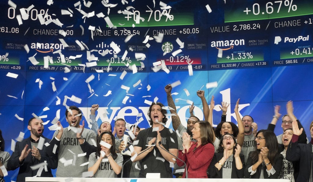 Adam Neumann (centre) is co-founder and CEO of WeWork, which is getting ready to go public, adding to a growing list of tech businesses making such a move this year. Photo: AP Adam Neumann (centre) is co-founder and CEO of WeWork, which is getting ready to go public, adding to a growing list of tech businesses making such a move this year. Photo: AP
