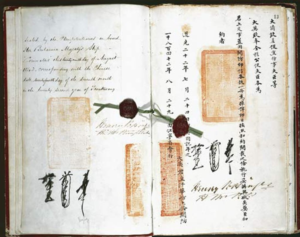 Bilingual pages in the Treaty of Nanking, signed after the first opium war, in which the Daoguang Emperor of China’s Qing dynasty ceded Hong Kong Island in perpetuity to Queen Victoria of Britain. Photo: Handout