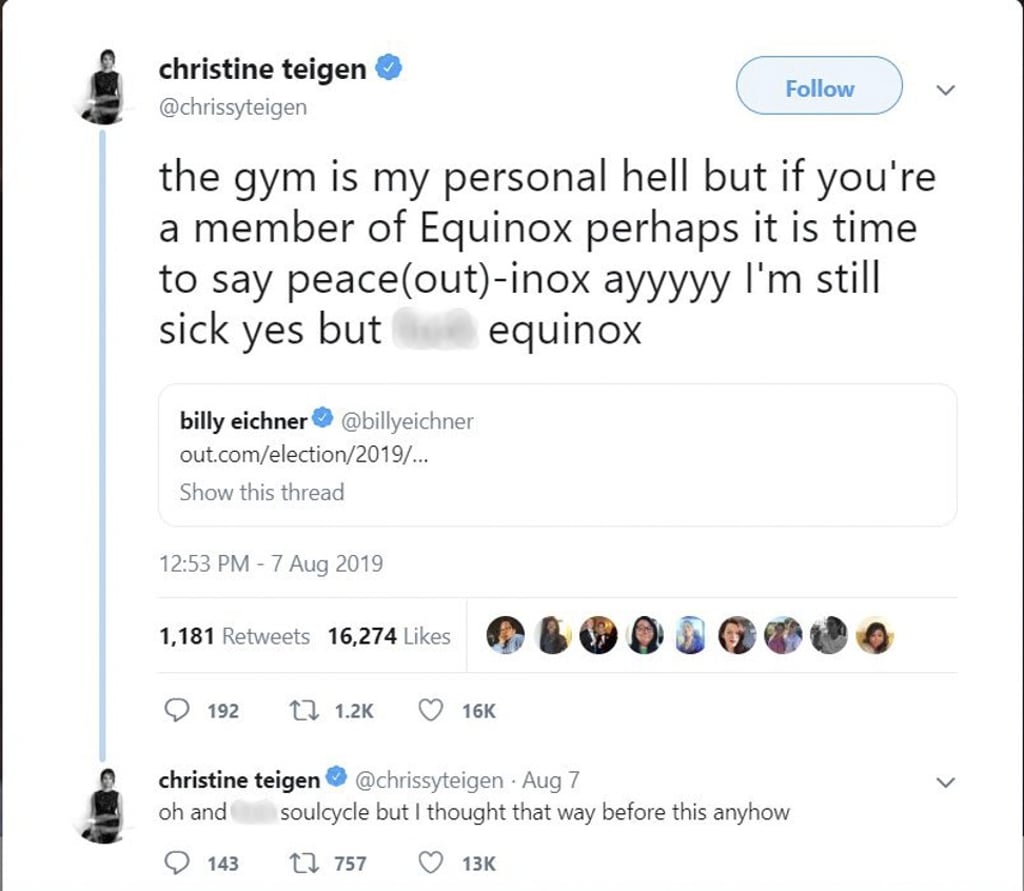 Chrissy Teigen's tweet calling for the boycott of Equinox Chrissy Teigen's tweet calling for the boycott of Equinox