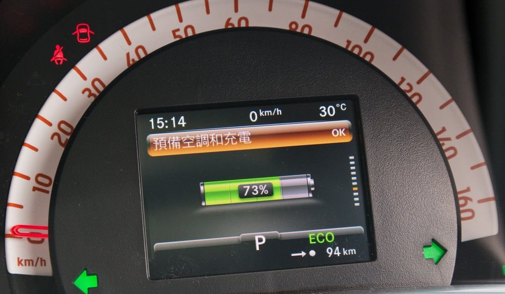 The dashboard of a Smart ForFour Electric Drive electric vehicle – available in Hong Kong – which provides information telling drivers how much of the battery is charged and the potential range of the vehicle.