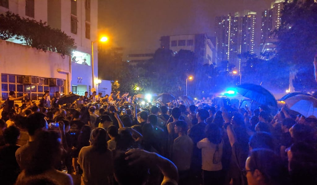 Residents were among those descending on a property management office in Kowloon Bay over the weekend, angry over controversial access changes, which were made while anti-government protests raged in the area. Photo: Facebook Residents were among those descending on a property management office in Kowloon Bay over the weekend, angry over controversial access changes, which were made while anti-government protests raged in the area. Photo: Facebook
