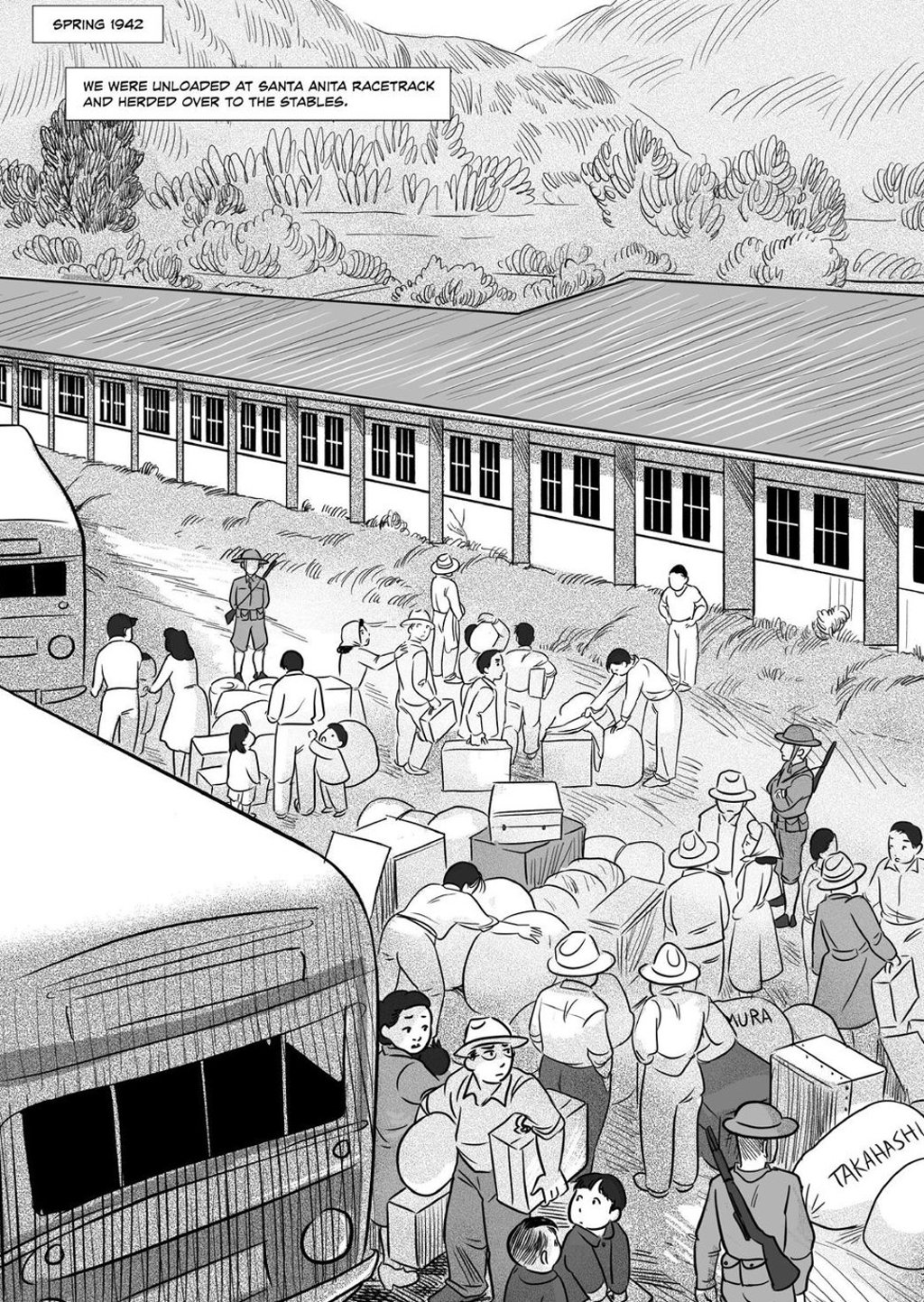 An internment camp for Americans of Japanese descent illustrated in They Called Us Enemy.