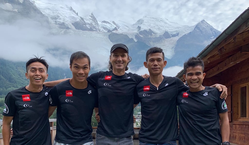 (From left): Daved Simpat (Malaysia), Wong Ho-chung (Hong Kong), team manager Ryan Blair, Jay Kiangchaipaiphana (Thailand) and John “StingRay” Onifa (Philippines) in Chamonix ahead of the UTMB race week.