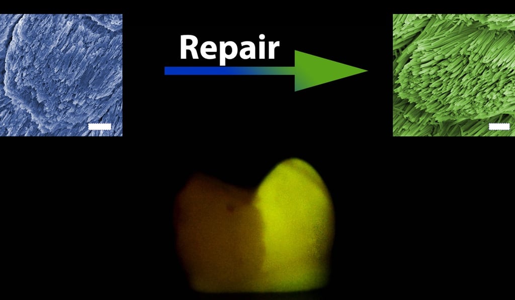 A tooth’s non-repaired left side (darker) and repaired right side (lighter) are compared using a fluorescent chemical. Photo: Zhejiang University A tooth’s non-repaired left side (darker) and repaired right side (lighter) are compared using a fluorescent chemical. Photo: Zhejiang University
