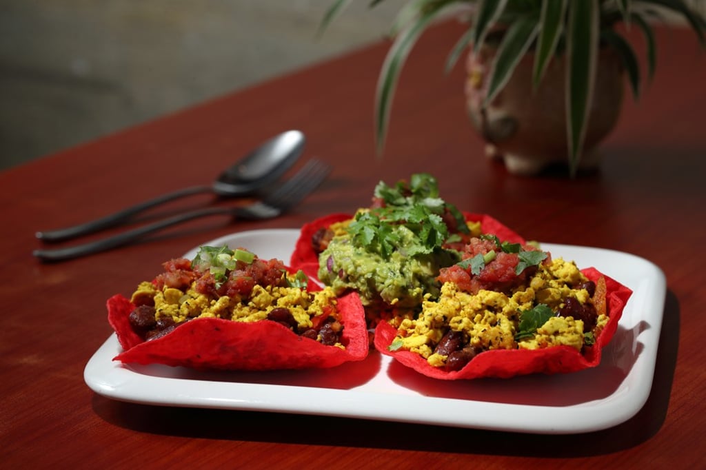 Vegan tacos with kidney beans, bell peppers and scrambled tofu. Photo: Alex Chan