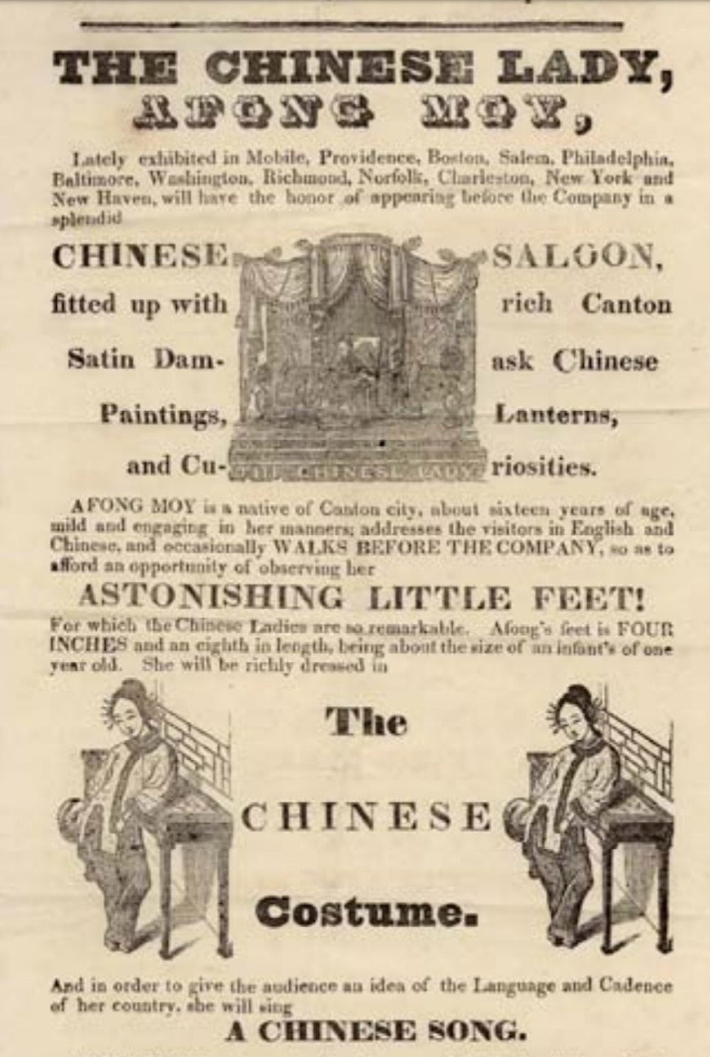 An advertisement for an “exhibition” of Afong Moy. An advertisement for an “exhibition” of Afong Moy.