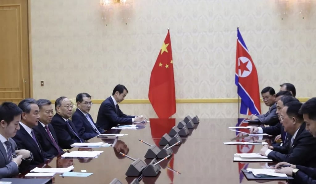 Wang Yi (second from left) and Ri Yong-ho (second from right) during the talks in Pyongyang. Photo: Handout