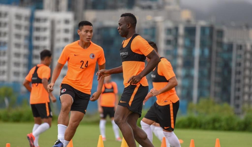 Hong Kong players Alex Akande and Leung Kwun-chung in training ahead of the Cambodia game. Photo: HKFA Hong Kong players Alex Akande and Leung Kwun-chung in training ahead of the Cambodia game. Photo: HKFA