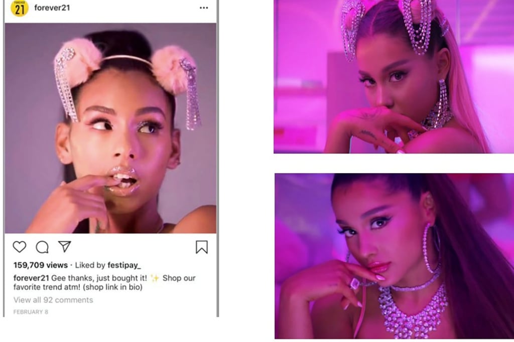 A picture of a model on the Instagram account of fashion retailer Forever 21 is seen alongside images of pop star Ariana Grande in a screenshot of a legal complaint filed in US District Court in Los Angeles. Photo: via Reuters
