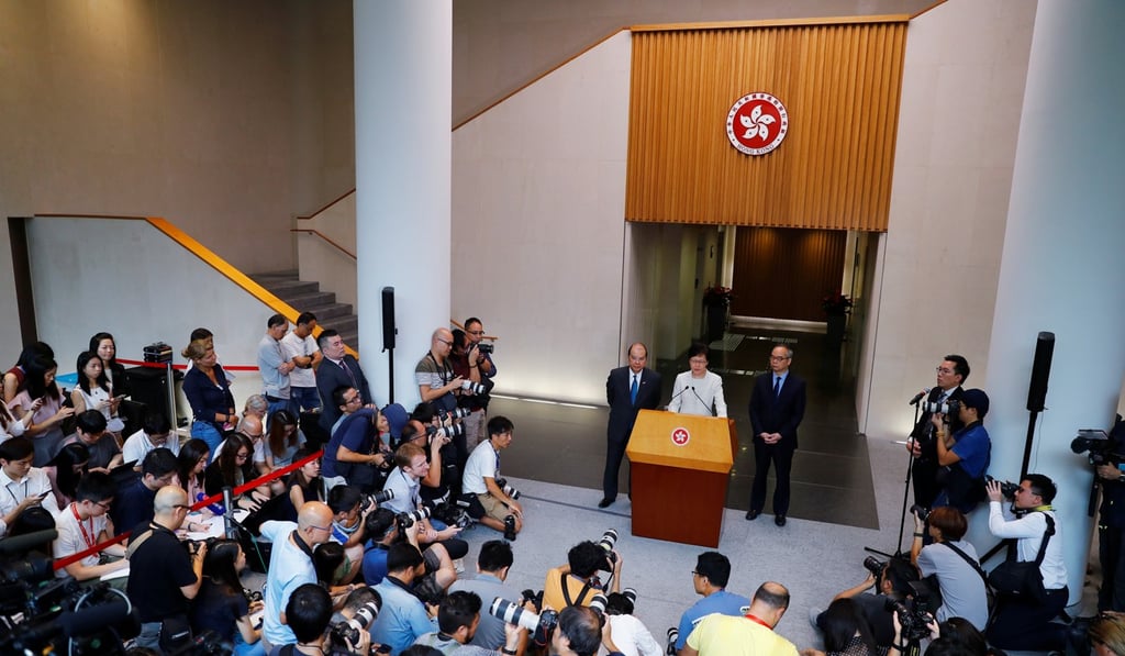 Hong Kong Chief Executive Carrie Lam addresses the media on Wednesday. She said she would formally withdraw the controversial extradition bill and set up a platform to examine the causes behind the protests the city has faced for 13 weeks now. Photo: Reuters