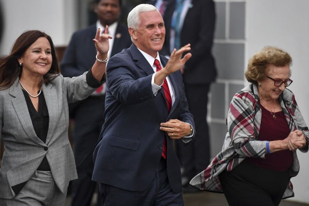 US Vice-President Mike Pence, his wife Karen Pence and mother Nancy Pence Fritsch arrive in Doonbeg, Ireland. Photo: PA/via AP