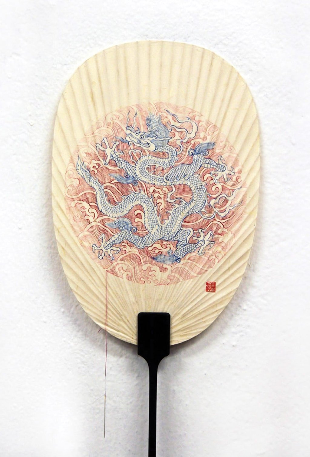 Embroidering with Strokes by Hui Hoi-kiu. Chinese ink and colour on paper fan, needle, thread. Embroidering with Strokes by Hui Hoi-kiu. Chinese ink and colour on paper fan, needle, thread.