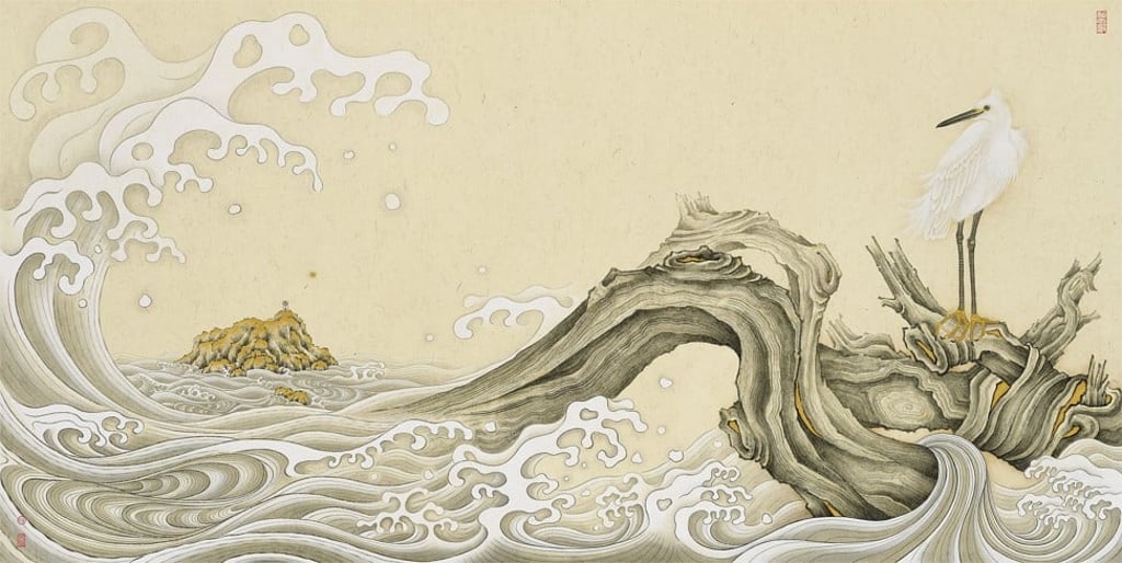 Lunar Light Falls by Cheuk Ka-wai. Chinese ink & colour on rice paper. Lunar Light Falls by Cheuk Ka-wai. Chinese ink & colour on rice paper.