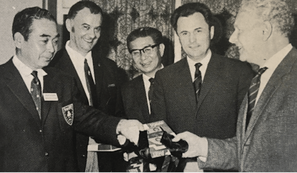 Shiggy Konno (left), Japanese rugby supremo, meets foreign dignitaries. Photo: Handout