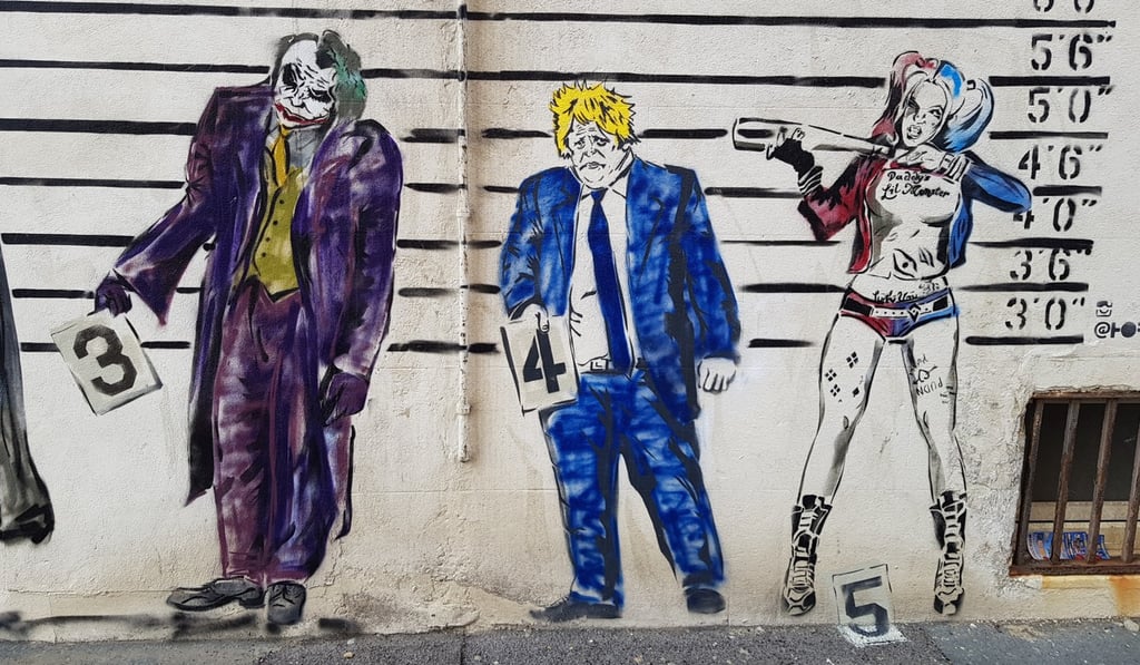 UK PM Boris Johnson and some comic book villains on a wall mural in Sussex. Photo: DPA UK PM Boris Johnson and some comic book villains on a wall mural in Sussex. Photo: DPA