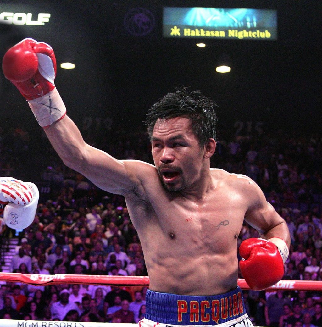 Manny Pacquiao throws a right against Keith Thurman in July. Photo: AFP