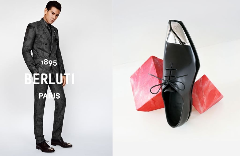 Eddie Peng (left) models a formal grey wool marble suit with a matching silk shirt, and (right) a Alessandro Edge Oxford shoe with metal toe cap, from Berluti’s winter 2019 collection.