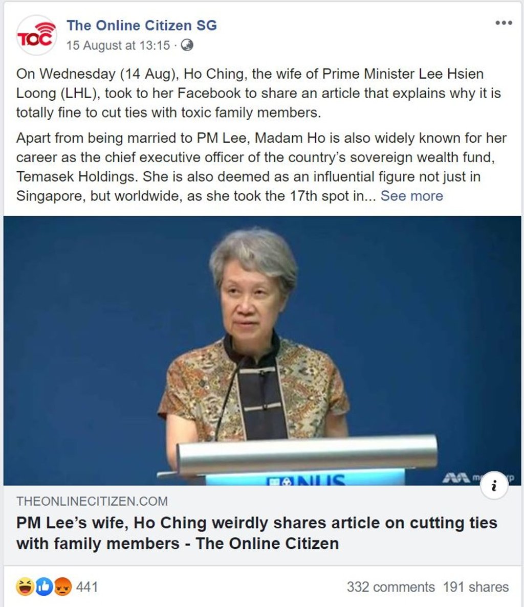 The article by the Online Citizen was also shared to their Facebook account. Photo: Facebook
