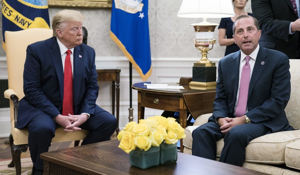 Alex Azar, secretary of Health and Human Services (HHS), right, speaks while US President Donald Trump listens during a press conference in the Oval Office. Photo: Bloomberg Alex Azar, secretary of Health and Human Services (HHS), right, speaks while US President Donald Trump listens during a press conference in the Oval Office. Photo: Bloomberg