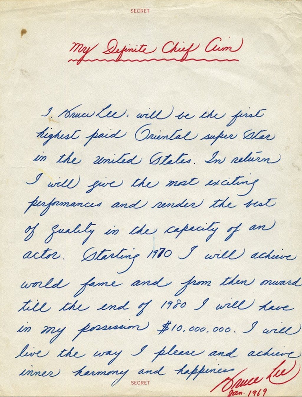 Bruce Lee’s ‘My Definite Chief Aim’, which outlines his plan to be a ‘super star in the United States’, will be one of the coveted items offered for sale at the ‘Icons and Legends of Hollywood’ auction in Los Angeles on September 25 and 26.
