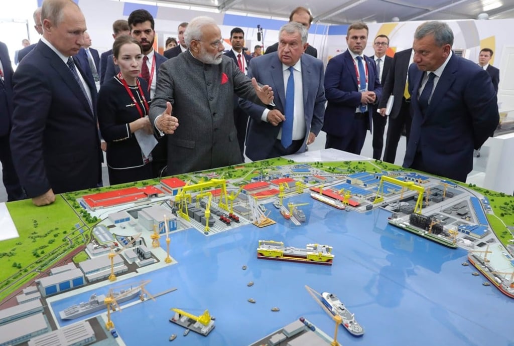 President Putin (left) and Prime Minister Modi (centre) visit the shipyard Zvezda outside the far-eastern Russian port of Vladivostok on September 4, ahead of the start of the Eastern Economic Forum hosted by Russia. Photo: AFP