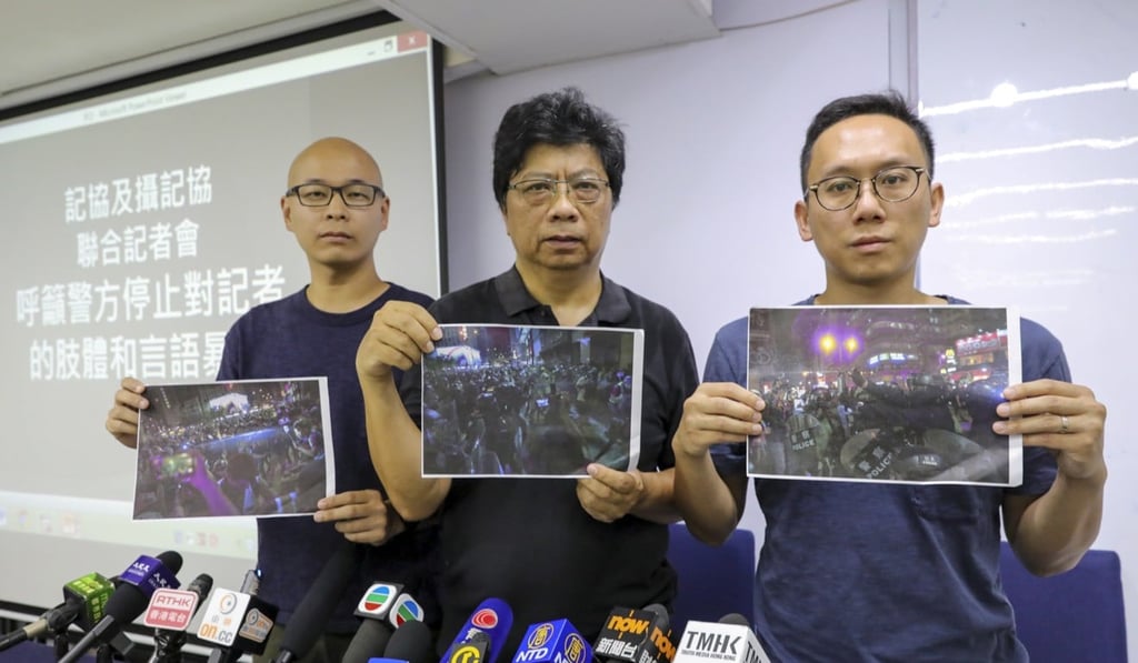 Left to right: HKPPA chairman Chan Yik-chiu, HKJA chairman Chris Yeung and executive committee member Lam Yin-pong at the joint press conference in Tsim Sha Tsui on Thursday. Photo: May Tse Left to right: HKPPA chairman Chan Yik-chiu, HKJA chairman Chris Yeung and executive committee member Lam Yin-pong at the joint press conference in Tsim Sha Tsui on Thursday. Photo: May Tse